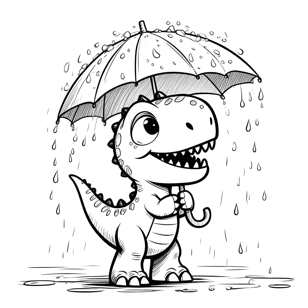 小さな恐竜が葉っぱの傘を持ち、雨の中楽しそうに立っていて、しっぽを立てている