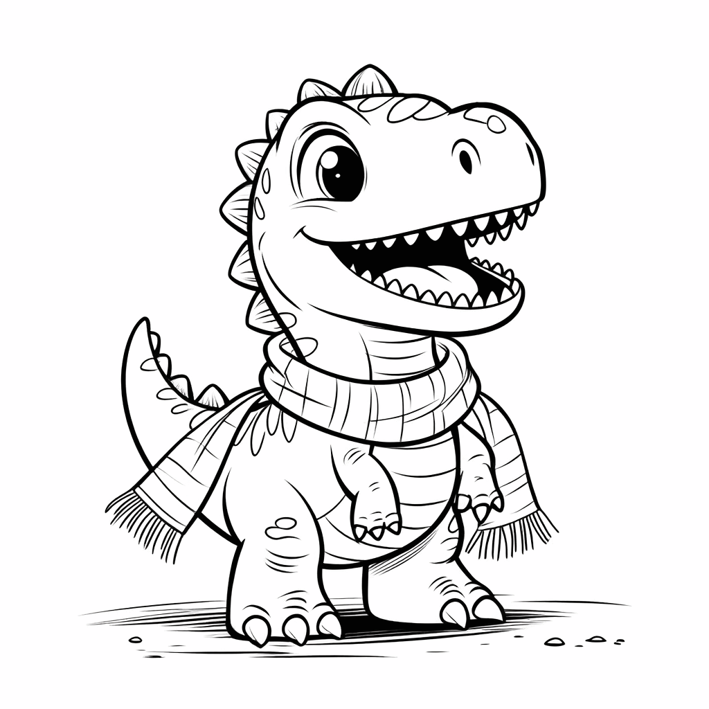 한 마리 작은 공룡이 줄무늬 목도리를 두르고 기쁘게 서 있으며 꼬리가 살짝 들려 있다